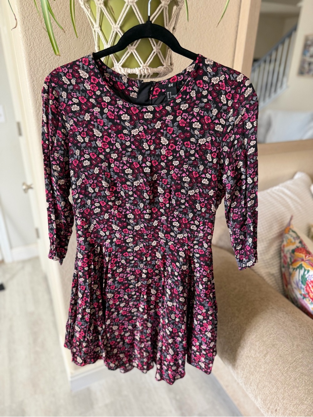 Girls H&M Black Dress with Pink and White Floral Print